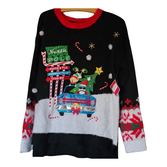 Women's North Pole,Santa's Pub, Club Elf Ugly Christmas Sweater Size XL (16_18) - Picture 11 of 11